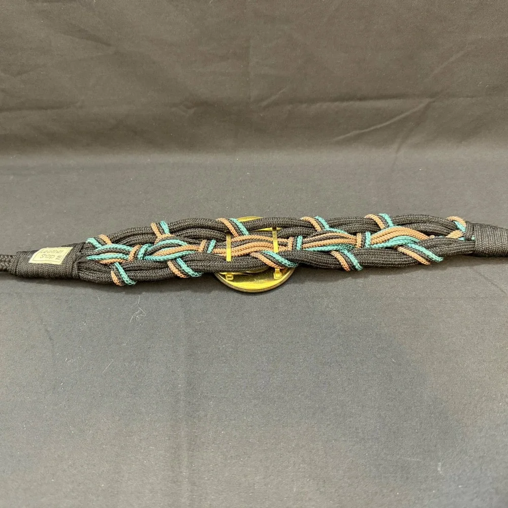 Vtg Leather Shop Woven Cord Belt Medallion Black Teal Bronze Boho-Chic Western‎